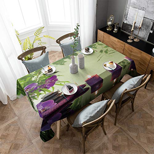 Cotton Linen Tablecloth Zen Spa Rectangle 53" Wx70 L Wrinkle-Free Table Cloth Cover Butterfly Orchid Zen Basalt Stones Candle Purple Table Decorative for Wedding Dinning Party Banquet Tabletop