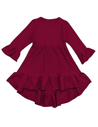 bilison Toddler Baby Girl Dress Flare Long Sleeve Solid Color Irregular Sundress Party Princess Dress