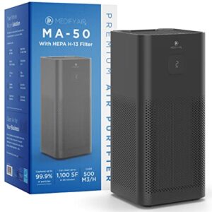 medify ma-50 air purifier with h13 true hepa filter | 1100 sq ft coverage | for allergens, wildfire smoke, dust, odors, pollen, pet dander | quiet 99.9% removal to 0.1 microns | black, 1-pack
