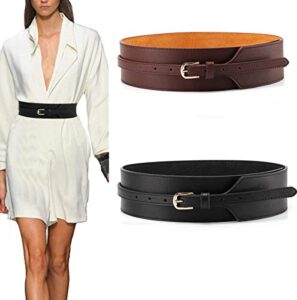 toptim women wide knotted belt design leather waistbands simple width belt (black & brown, suit for waist 27-33.5")