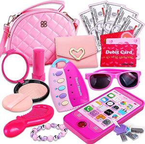 peertoys kids makeup kit girls purse - cute pretend cosmetics mini bag toy cell phone wallet money credit card accessories kit gifts baby girl princess toddler ages 3,4,5,6,7,8,9,10,11,12 years old