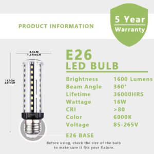 LED Corn Light Bulb 100W Equivalent 16W E26 LED Corn Light Bulb, Light Bulb 6000K Daylight, 1600 Lumen Super Bright T10 LED Bulb for Desk Lamp Pendant Lights Aquarium, Non-Dimmable, Pack of 4