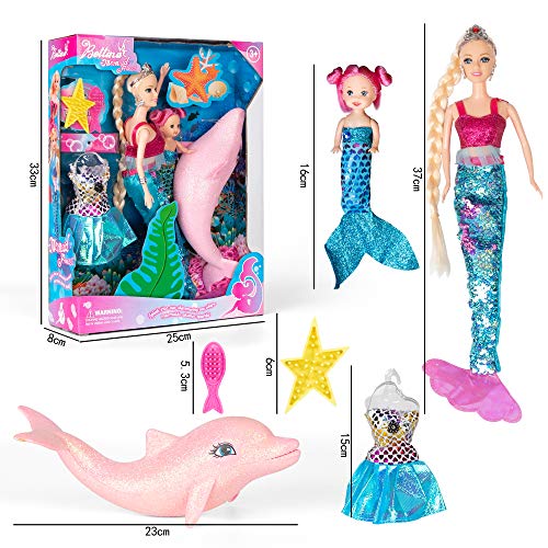2023 Mermaid Princess Doll Playset, Color Changing Mermaid Tail by Reversing Squins, 12" Fashion Dress Doll with 3" Little Mermaid Dolphin and Accessories, Mermaid Gift for Girls