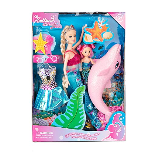 2023 Mermaid Princess Doll Playset, Color Changing Mermaid Tail by Reversing Squins, 12" Fashion Dress Doll with 3" Little Mermaid Dolphin and Accessories, Mermaid Gift for Girls