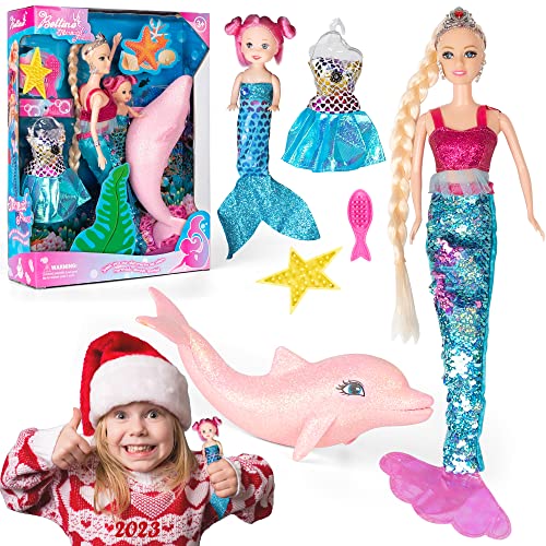 2023 Mermaid Princess Doll Playset, Color Changing Mermaid Tail by Reversing Squins, 12" Fashion Dress Doll with 3" Little Mermaid Dolphin and Accessories, Mermaid Gift for Girls