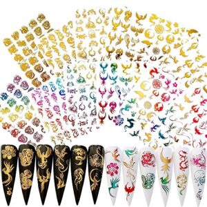nail angel 12sheets nail art adhesive sticker sheets gold and rainbow color dragon peacock phoenix shapes nail art decoration 10257