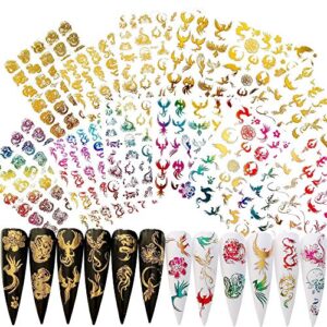 NAIL ANGEL 12Sheets Nail Art Adhesive Sticker Sheets Gold and Rainbow Color Dragon Peacock Phoenix Shapes Nail Art Decoration 10257