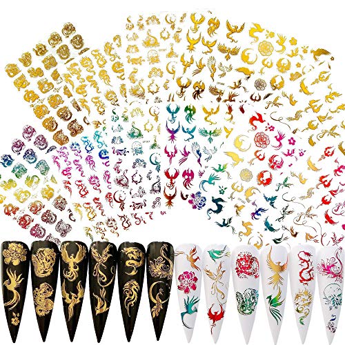 NAIL ANGEL 12Sheets Nail Art Adhesive Sticker Sheets Gold and Rainbow Color Dragon Peacock Phoenix Shapes Nail Art Decoration 10257