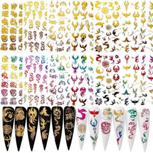 NAIL ANGEL 12Sheets Nail Art Adhesive Sticker Sheets Gold and Rainbow Color Dragon Peacock Phoenix Shapes Nail Art Decoration 10257