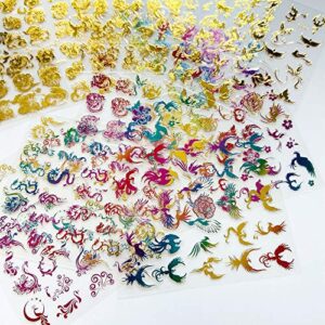 NAIL ANGEL 12Sheets Nail Art Adhesive Sticker Sheets Gold and Rainbow Color Dragon Peacock Phoenix Shapes Nail Art Decoration 10257