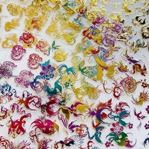 NAIL ANGEL 12Sheets Nail Art Adhesive Sticker Sheets Gold and Rainbow Color Dragon Peacock Phoenix Shapes Nail Art Decoration 10257