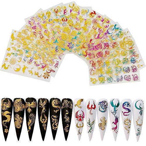 NAIL ANGEL 12Sheets Nail Art Adhesive Sticker Sheets Gold and Rainbow Color Dragon Peacock Phoenix Shapes Nail Art Decoration 10257