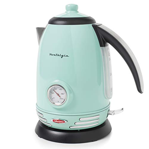 Nostalgia Retro Stainless Steel Electric Tea And Water Kettle, 1.7 Liters, Auto-Shut Off & Boil-Dry Protection, Water Level Indicator Window, Aqua