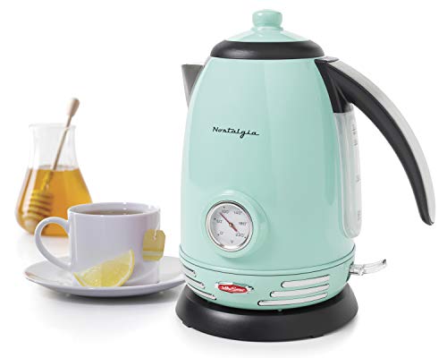 Nostalgia Retro Stainless Steel Electric Tea And Water Kettle, 1.7 Liters, Auto-Shut Off & Boil-Dry Protection, Water Level Indicator Window, Aqua