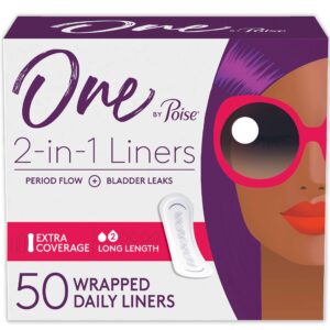 one by poise panty liners (2-in-1 period & bladder leakage daily liner), long, extra coverage for period flow, very light absorbency for bladder leaks, 50 count