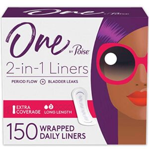one by poise panty liners (2-in-1 period & bladder leakage daily liner), long, extra coverage for period flow, very light absorbency for bladder leaks, 150 count (3 pack of 50)