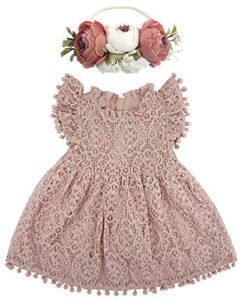 bgfks baby girl tutu dress elegant lace pom pom flutter sleeve with flower headband set(dusty rose,6 months)