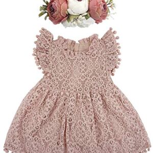 BGFKS Baby Girl Tutu Dress Elegant Lace Pom Pom Flutter Sleeve with Flower Headband Set(Dusty Rose,6 Months)