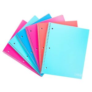 yoobi college ruled spiral notebook set — bulk 6-pack of 1 subject notebooks, variety of cute colors — 100 perforated 3-hole punched sheets, for school, office & home — 10.5” x 8”