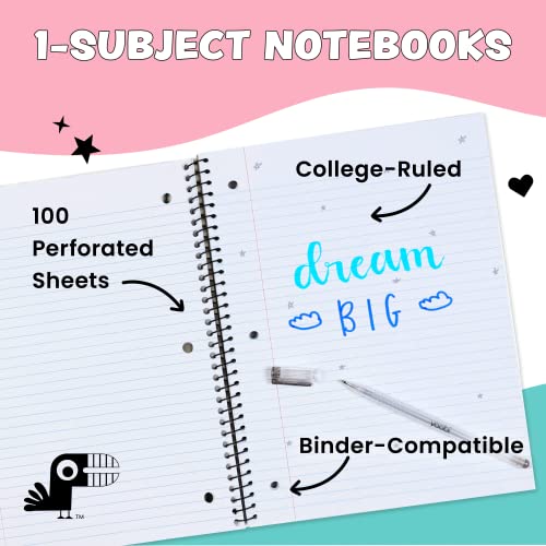Yoobi College Ruled Spiral Notebook Set — Bulk 6-Pack of 1 Subject Notebooks, Variety of Cute Colors — 100 Perforated 3-Hole Punched Sheets, For School, Office & Home — 10.5” x 8”