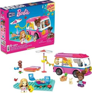 mega barbie camper building toy vehicle playset, adventure dreamcamper with 123 pieces, 2 micro-dolls, accessories, pets and furniture