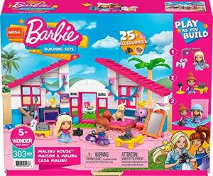 mega barbie building toys playset, malibu dream house with 303 pieces, 2 micro-dolls, accessories and furniture, 3 pets