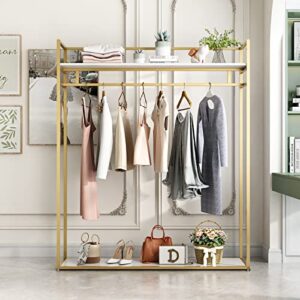 fonechin heavy duty clothing rack with shelves for hanging clothing, gold metal freestanding garment rack for retail display (59" l)