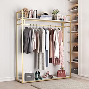FONECHIN Heavy Duty Clothing Rack with Shelves for Hanging Clothing, Gold Metal Freestanding Garment Rack for Retail Display (59" L)
