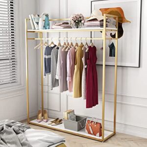 FONECHIN Heavy Duty Clothing Rack with Shelves for Hanging Clothing, Gold Metal Freestanding Garment Rack for Retail Display (59" L)