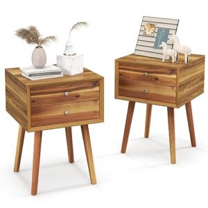 giantex nightstand with 2 drawers set of 2, mid century modern bedside table with solid wood legs, practical end side table for living room bedroom small space, night stand, walnut