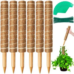 [6 pack] 94'' moss pole, moss pole for plants monstera, plant support stakes for indoor climbing plants, monstera stakes coco coir pole for potted plants with 12 pcs plant labels and 100 pcs ties