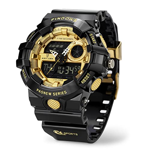 PINDOWS Men Digital Sports Watch, Outdoor Waterproof Military Digital Watch LED Screen Large Face Dual Dial Time and Stopwatch Alarm Wristwatch (Black Gold)