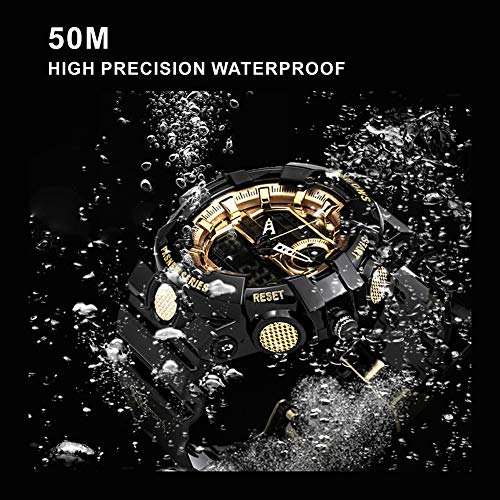 PINDOWS Men Digital Sports Watch, Outdoor Waterproof Military Digital Watch LED Screen Large Face Dual Dial Time and Stopwatch Alarm Wristwatch (Black Gold)