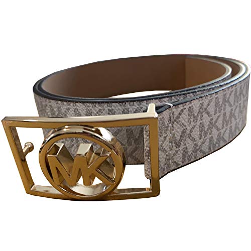 Michael Kors Women's Rectangle MK Gold Tone Buckle Belt, Vanilla, Large