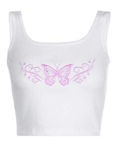 faimilory women's basic summer embroidered butterfly ribbed crop tank tops (butterflywhite, m)