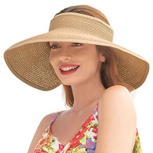 Summer Sun Visors for Women Wide Brim Roll Up Straw Beach Sun Visor Hats Womens Sun Hat Women Beach Hats for Women Foldable Sun Hats for Women, Natural Visors for Women