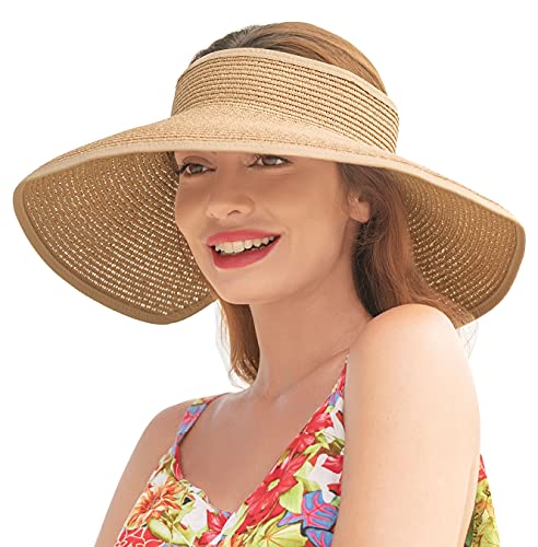 Summer Sun Visors for Women Wide Brim Roll Up Straw Beach Sun Visor Hats Womens Sun Hat Women Beach Hats for Women Foldable Sun Hats for Women, Natural Visors for Women