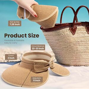 Summer Sun Visors for Women Wide Brim Roll Up Straw Beach Sun Visor Hats Womens Sun Hat Women Beach Hats for Women Foldable Sun Hats for Women, Natural Visors for Women