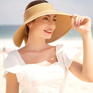 Summer Sun Visors for Women Wide Brim Roll Up Straw Beach Sun Visor Hats Womens Sun Hat Women Beach Hats for Women Foldable Sun Hats for Women, Natural Visors for Women