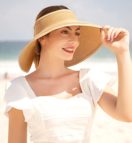 Summer Sun Visors for Women Wide Brim Roll Up Straw Beach Sun Visor Hats Womens Sun Hat Women Beach Hats for Women Foldable Sun Hats for Women, Natural Visors for Women