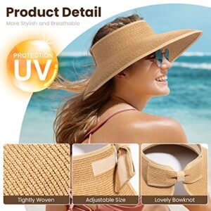 Summer Sun Visors for Women Wide Brim Roll Up Straw Beach Sun Visor Hats Womens Sun Hat Women Beach Hats for Women Foldable Sun Hats for Women, Natural Visors for Women