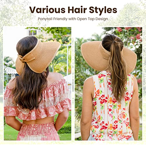 Summer Sun Visors for Women Wide Brim Roll Up Straw Beach Sun Visor Hats Womens Sun Hat Women Beach Hats for Women Foldable Sun Hats for Women, Natural Visors for Women