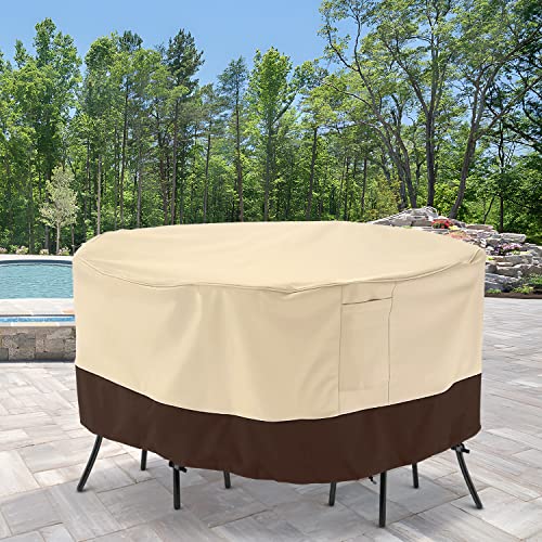 Arcedo Patio Furniture Cover, Waterproof Outdoor Round Table Chairs Set Cover, Heavy Duty Small Table Cover for Bistro Set, Dining Set and Fire Pit, All Weather Resistant, 62”Dia, Beige & Brown