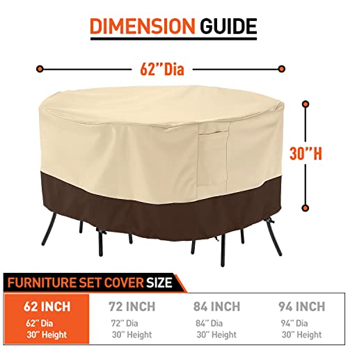 Arcedo Patio Furniture Cover, Waterproof Outdoor Round Table Chairs Set Cover, Heavy Duty Small Table Cover for Bistro Set, Dining Set and Fire Pit, All Weather Resistant, 62”Dia, Beige & Brown
