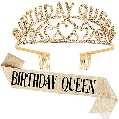 Birthday Crowns for Women, Didder Birthday Queen Rhinestone Tiara & Sash Kit,Birthday Tiaras and Crowns for Women Gold Crown for Girls Birthday Girl Crown 21 Glitter Birthday Sash for Women Gift Party