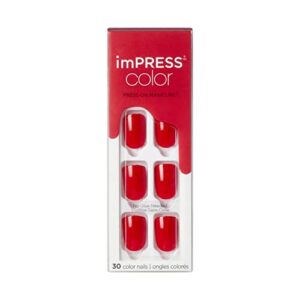 kiss impress color polish-free solid color press-on nails, purefit technology, short length, 'reddy or not', includes prep pad, mini nail file, cuticle stick and 30 fake nails