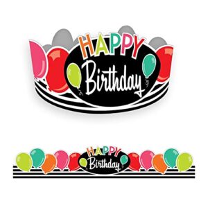 schoolgirl style black, white and stylish happy birthday crowns—full-color, pre-cut crowns for birthday celebrations, festive classroom parties (30 pc)