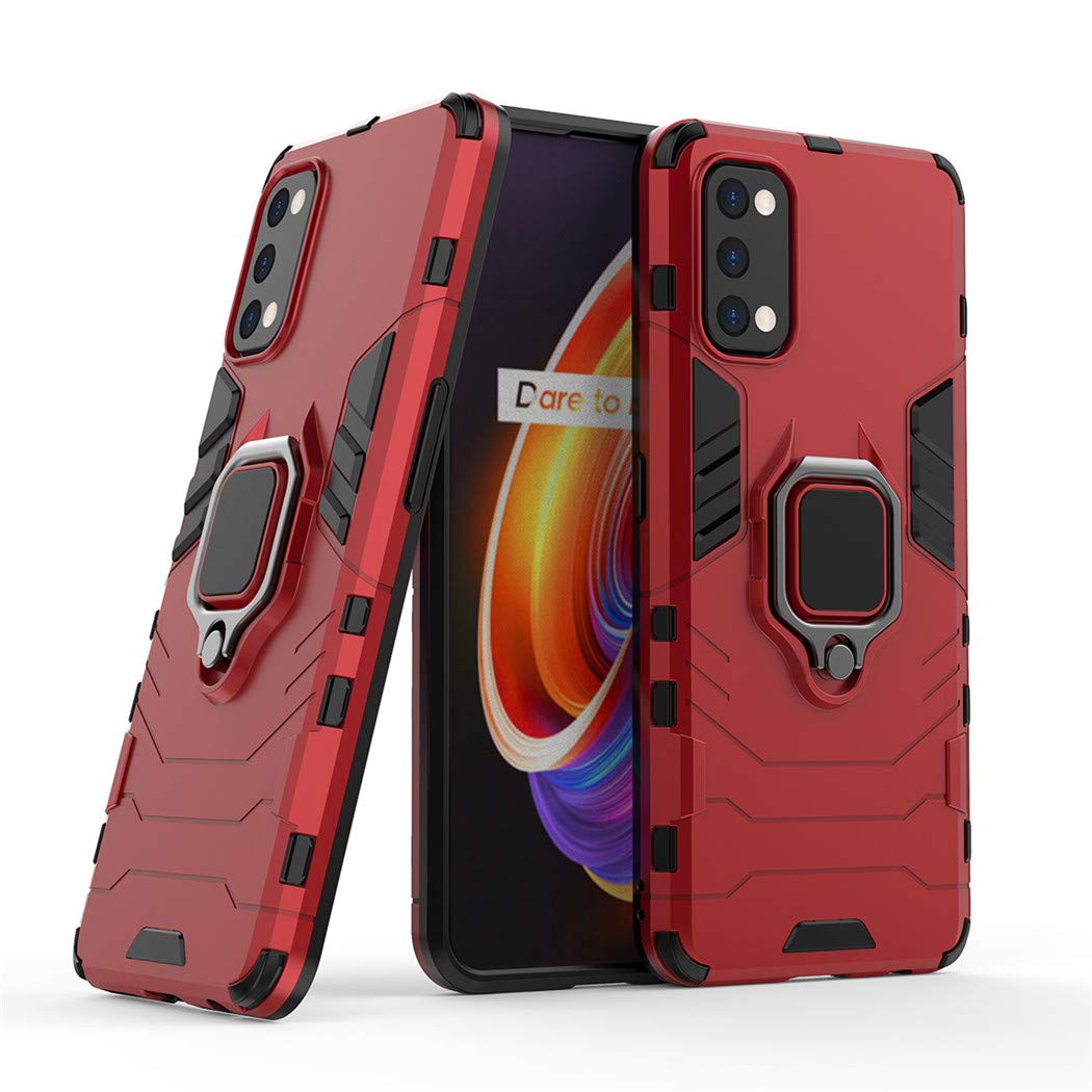 Compatible with Realme7 Pro Case, Metal Ring Grip Kickstand Shockproof Hard Bumper (Works with Magnetic Car Mount) Dual Layer Rugged Cover for Oppo Realme 7 Pro (Red)