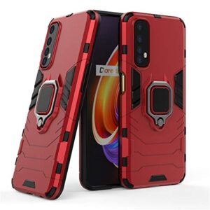 compatible with realme7 case, metal ring grip kickstand shockproof hard bumper (works with magnetic car mount) dual layer rugged cover for oppo realme 7 (red)