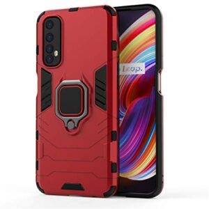 Compatible with Realme7 Case, Metal Ring Grip Kickstand Shockproof Hard Bumper (Works with Magnetic Car Mount) Dual Layer Rugged Cover for Oppo Realme 7 (Red)